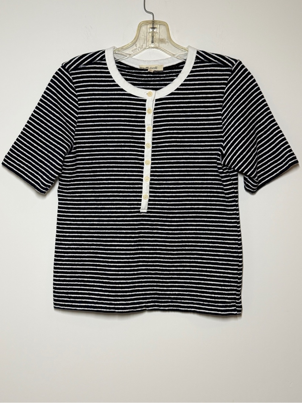 Madewell Women’s Black & White Striped Henley Knit Top 100% Cotton Medium